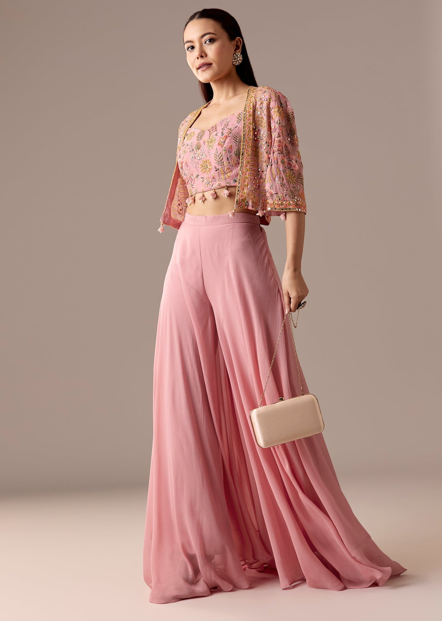 Pink Embellished Cape Palazzo Set