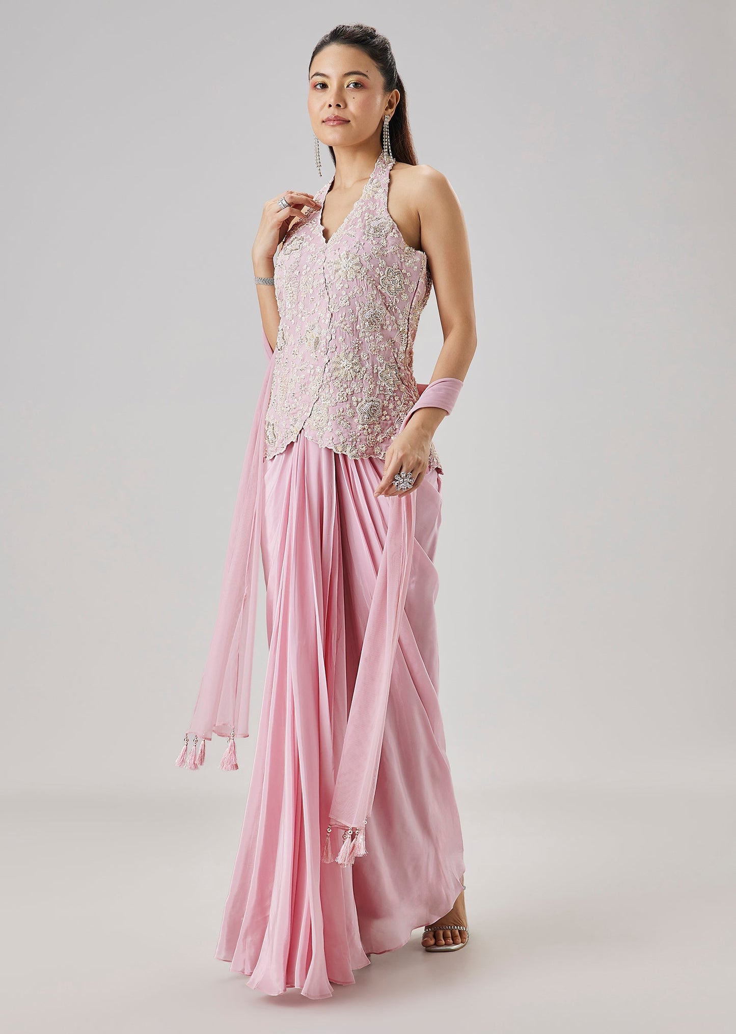 Pink Embroidered Drape Skirt Set With Dupatta
