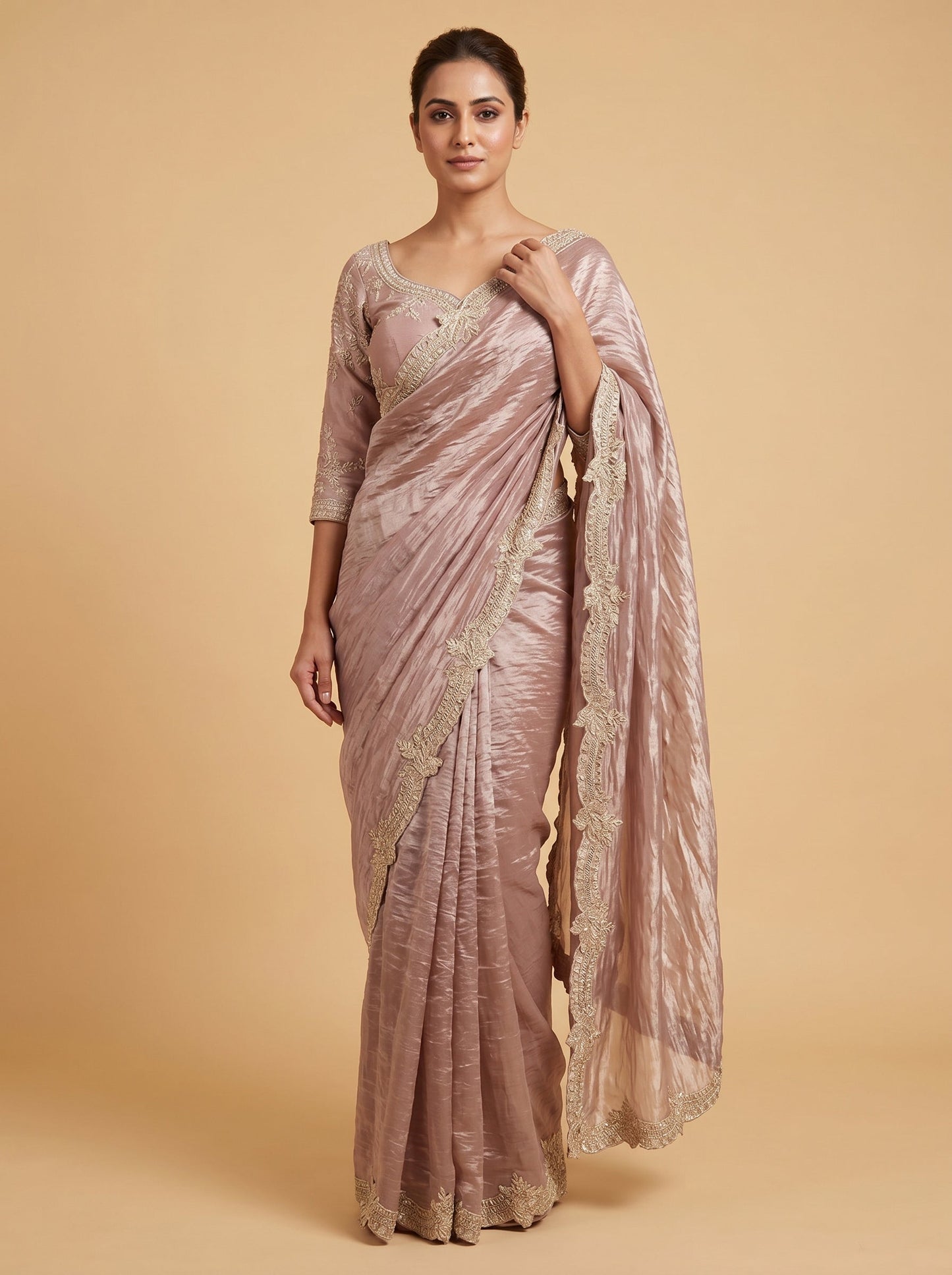 Pink embroidered saree with fine detailing
