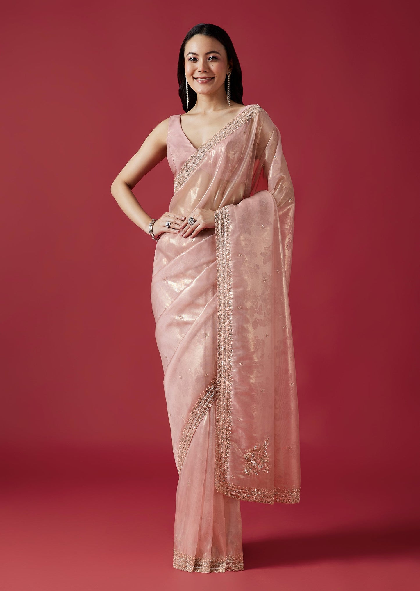 Pink Tissue Organza Jacquard Saree With Embroidered Scallop Border