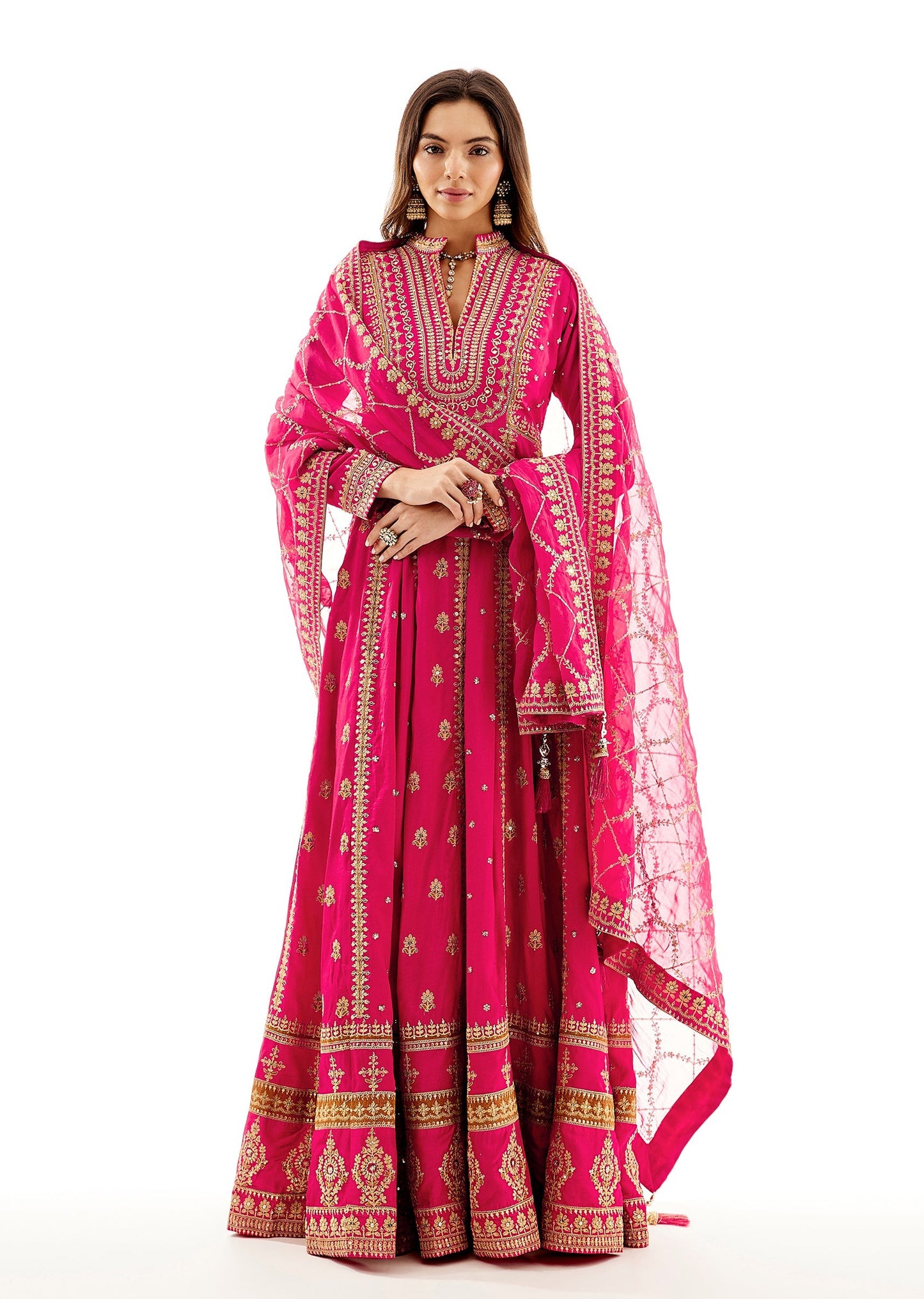 Pink Floor Length Anarkali Dupatta Set With Zari Embroidery