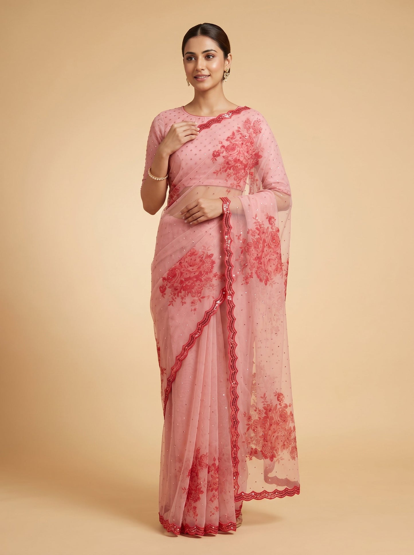 Pink Floral Printed Saree