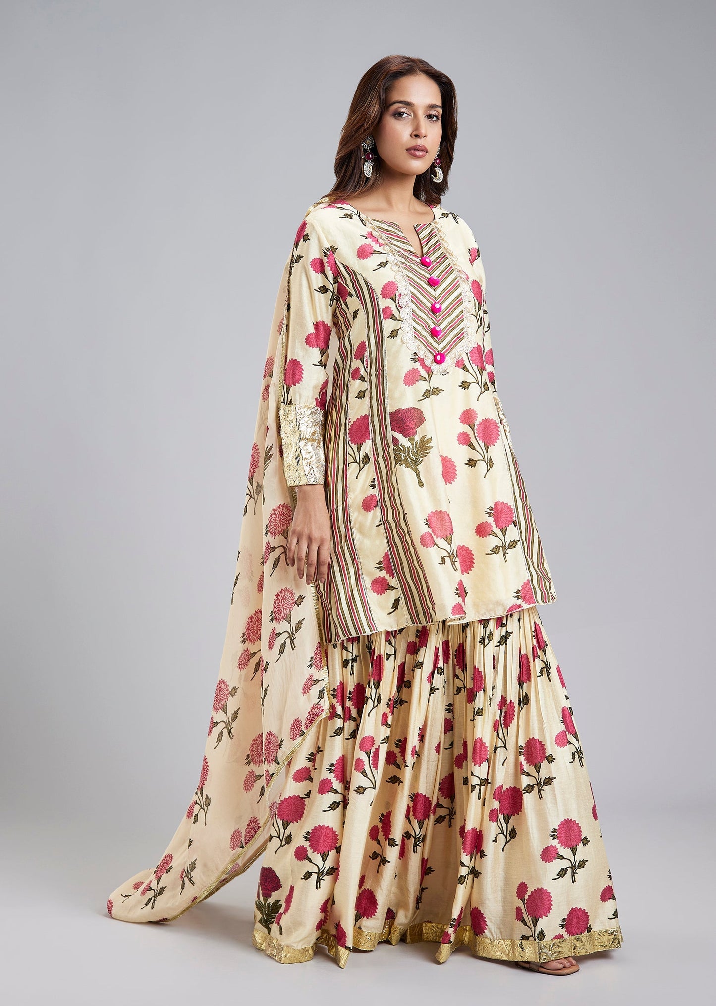 Pink Floral Printed Sharara Set With Gotta Lace Work And Dupatta