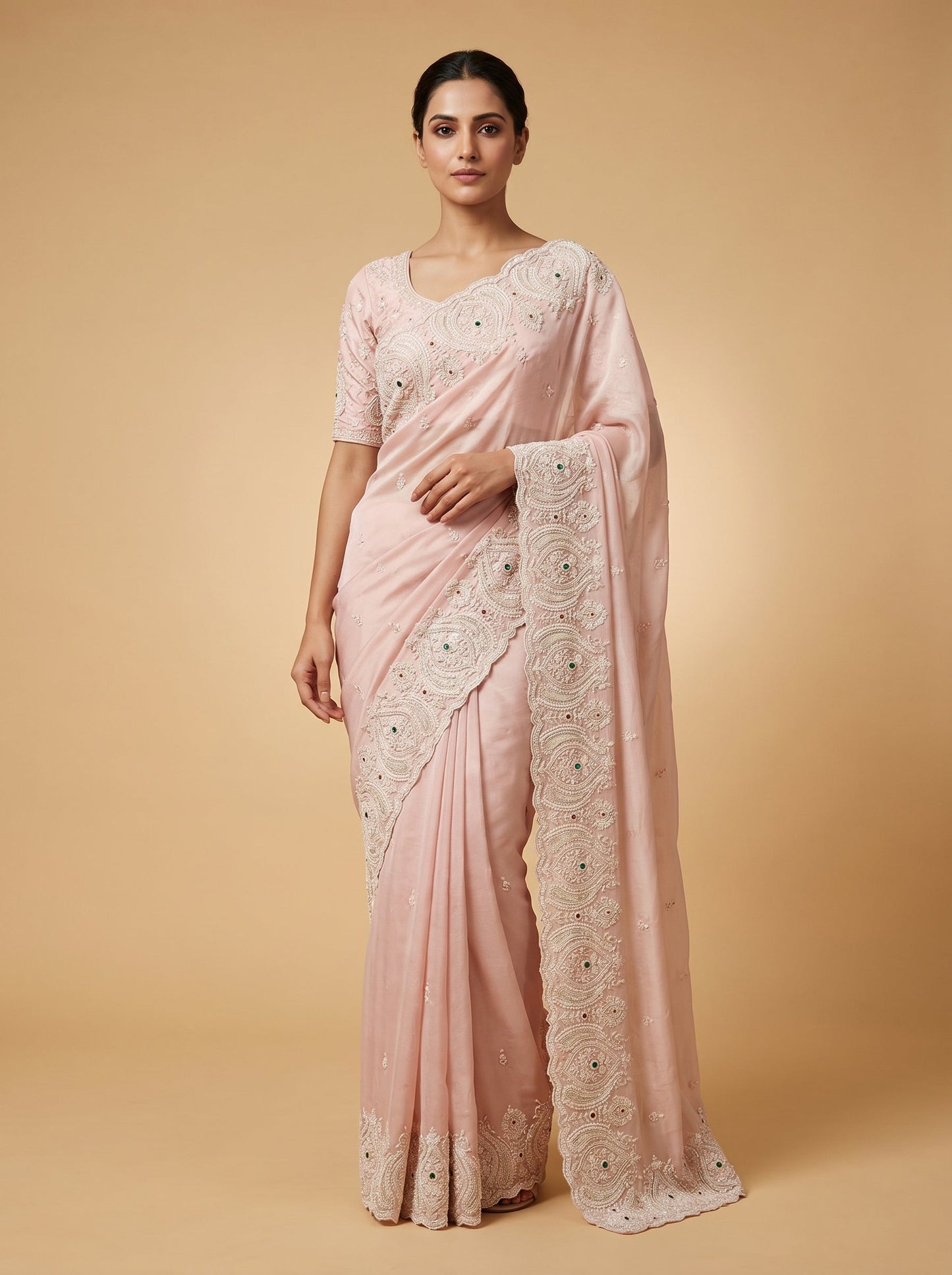 Pink Fresh Detail Embroidered Saree