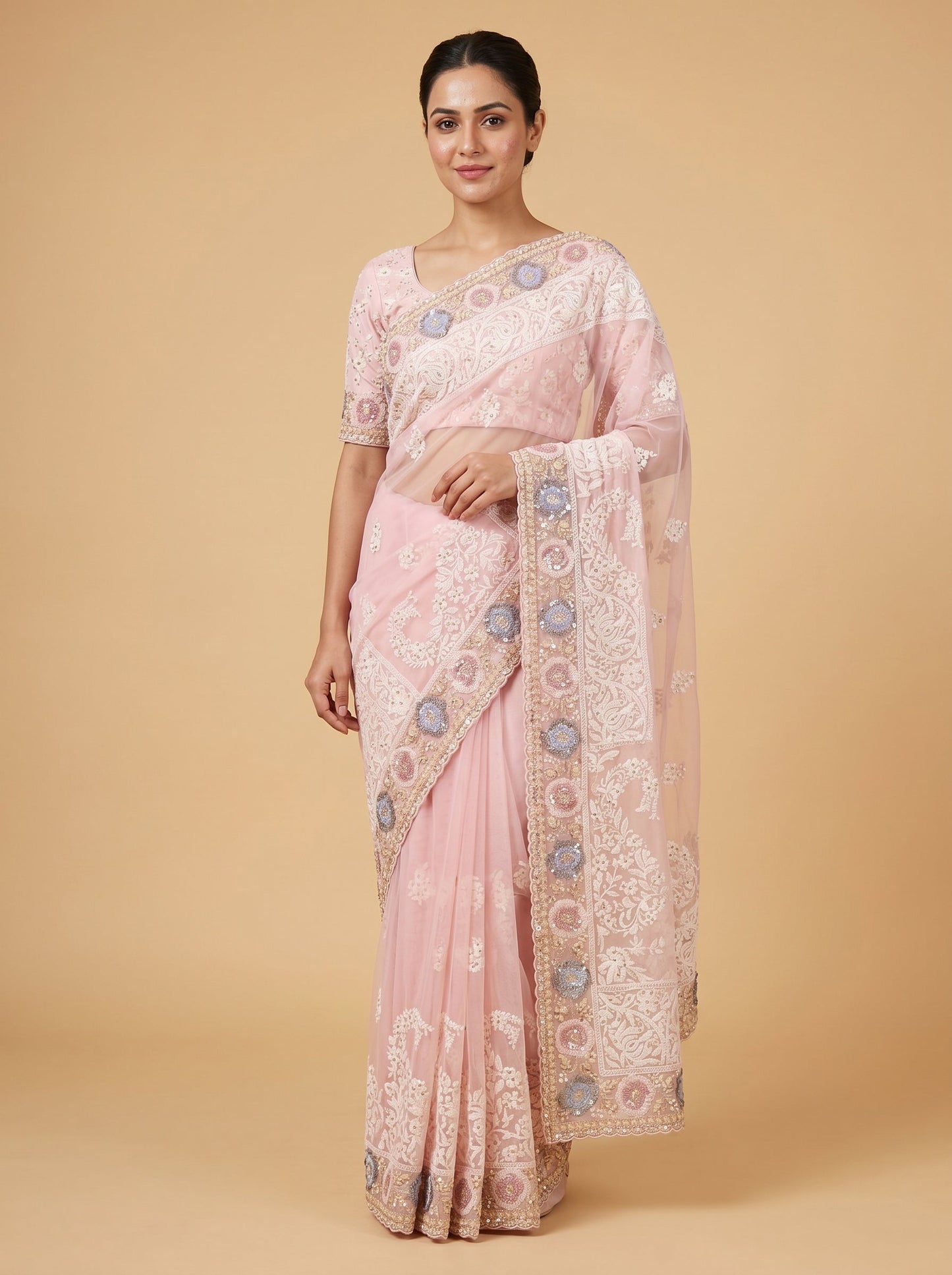 Pink Fresh Embroidered Saree
