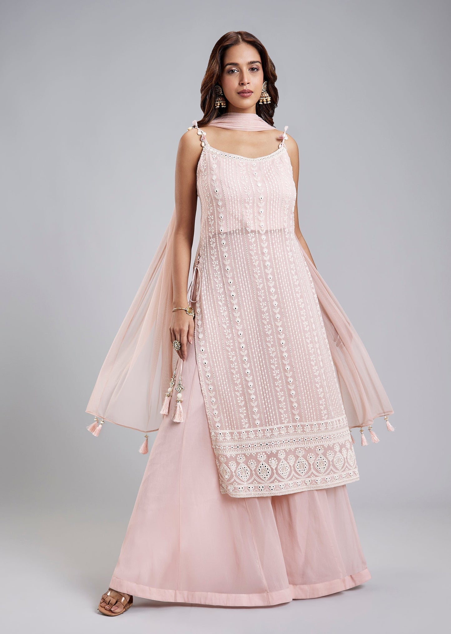 Pink Georgette Palazzo Set With Lucknowi Embroidery And Dupatta