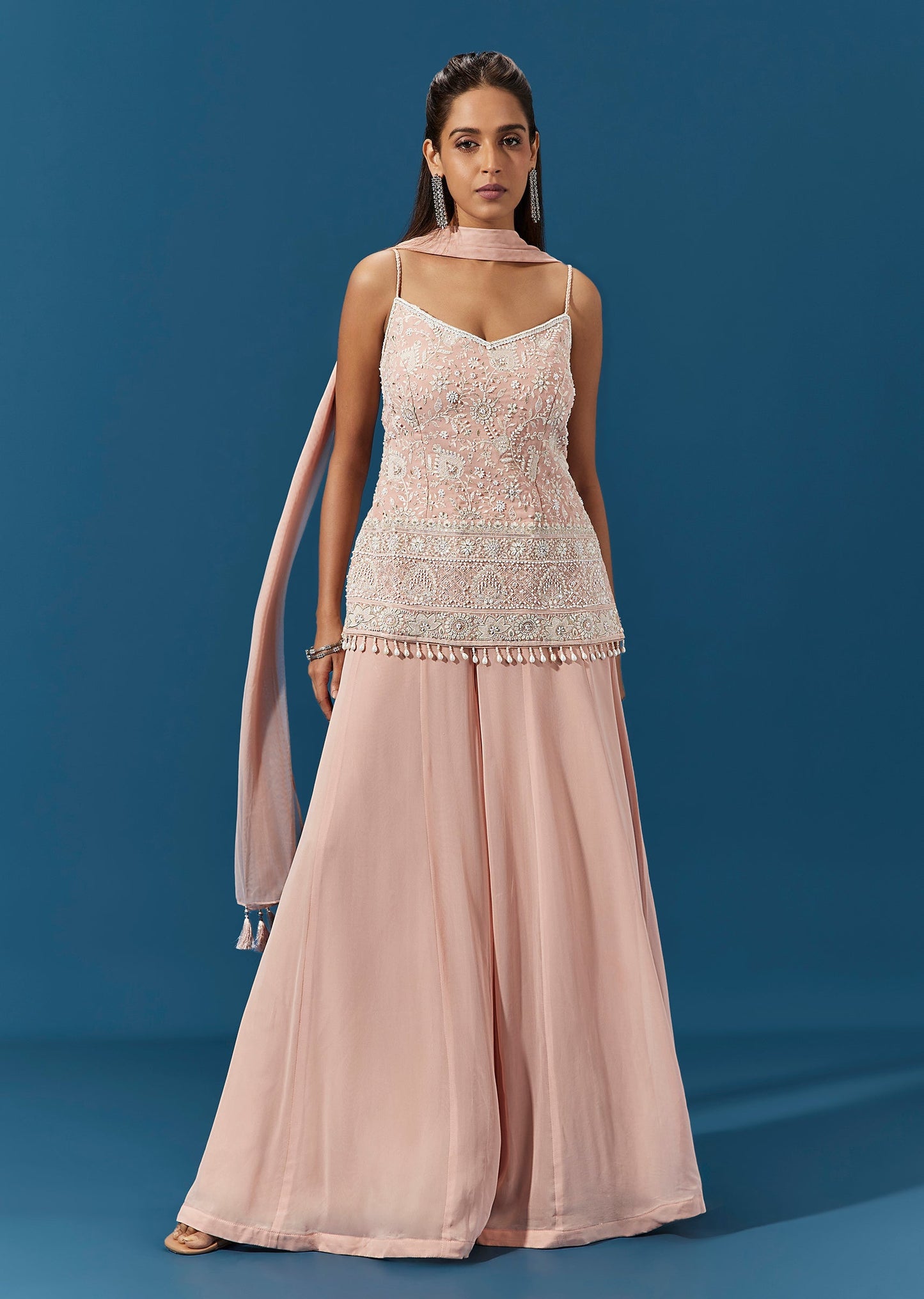 Pink Georgette Palazzo Suit With Cut Dana Embroidered Short Kurta
