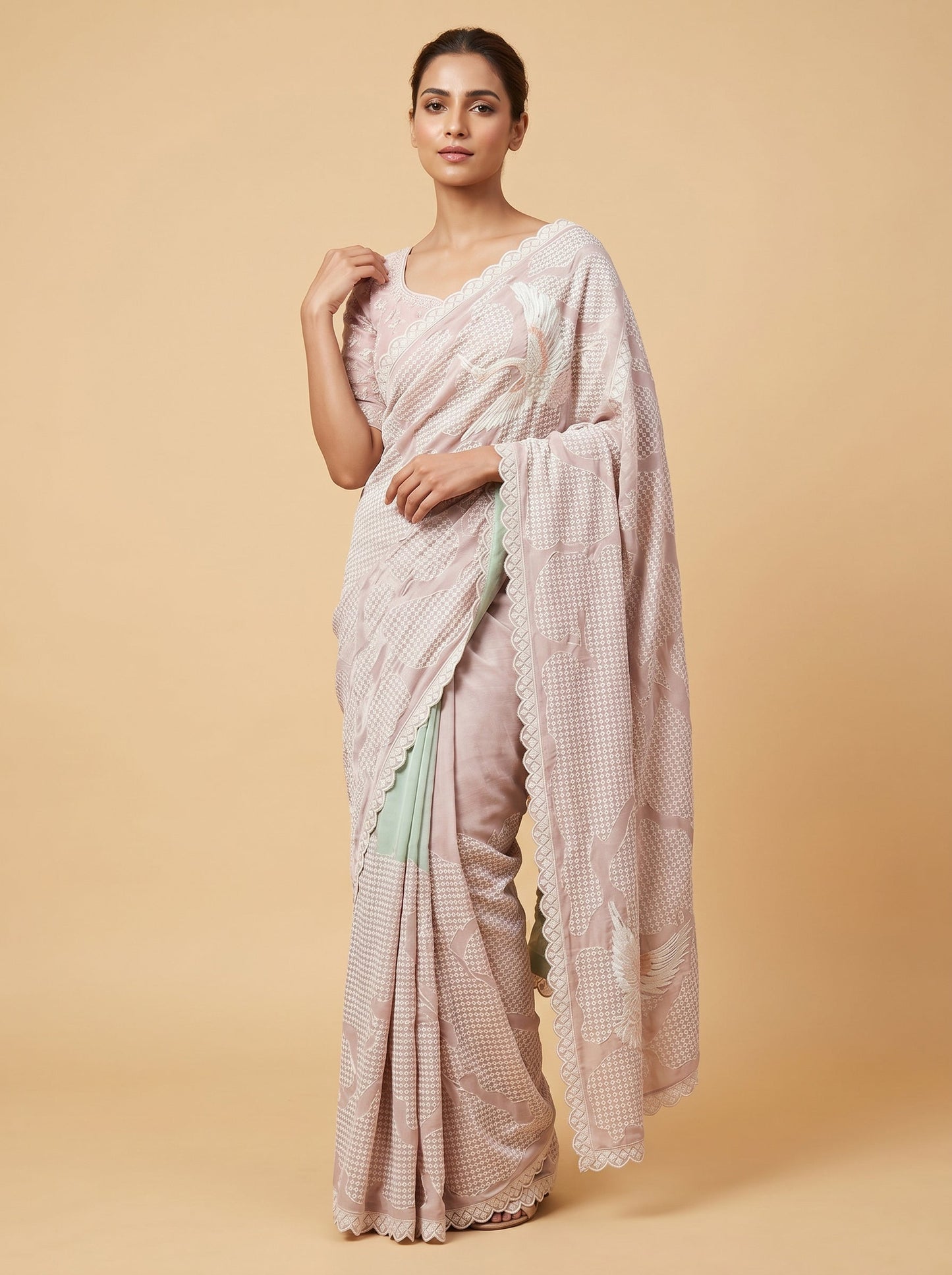 Pink Green Dual Tone Embroidered Saree
