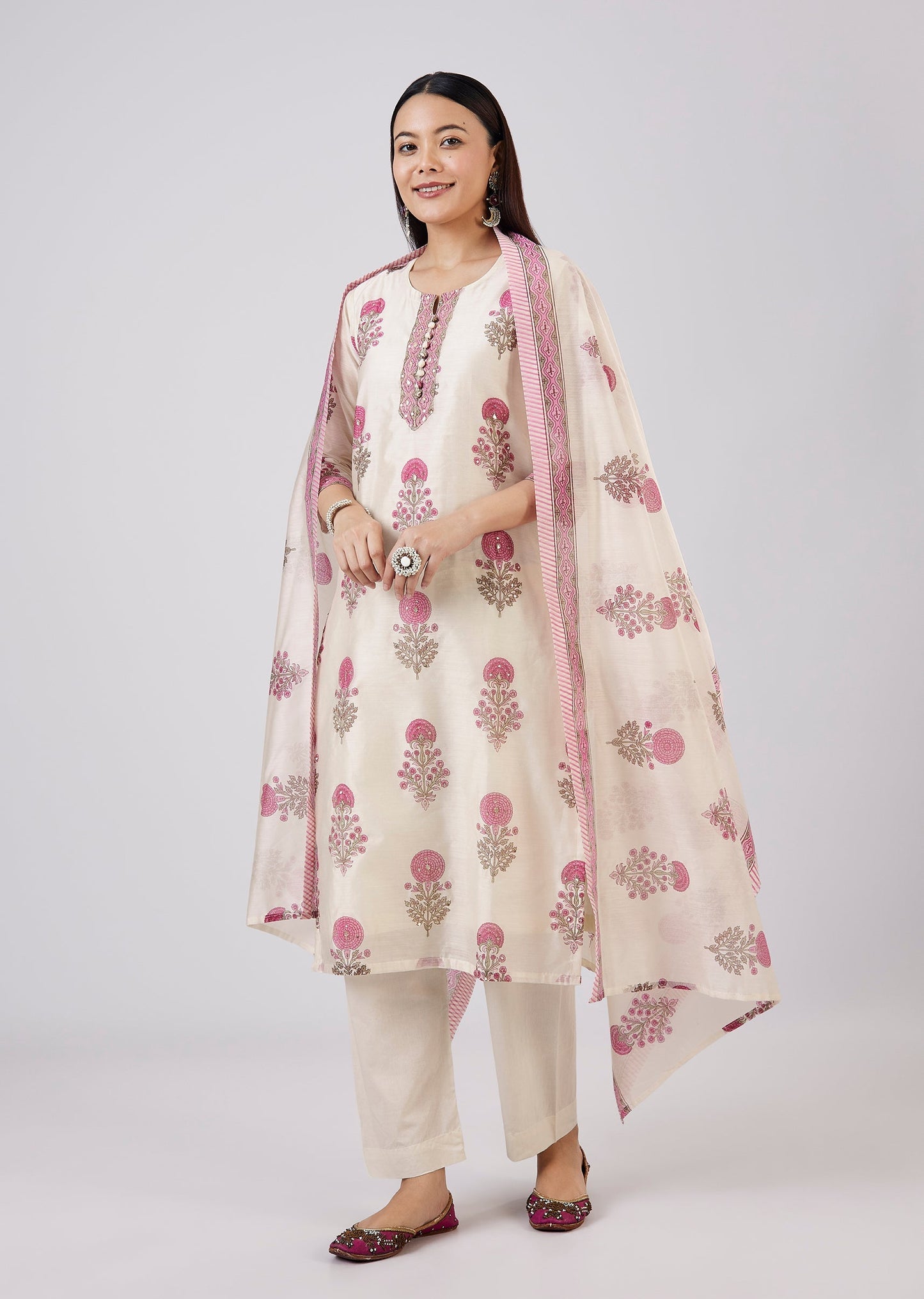 Pink Chanderi Kurta Set With Hand Block Print And Zari Work