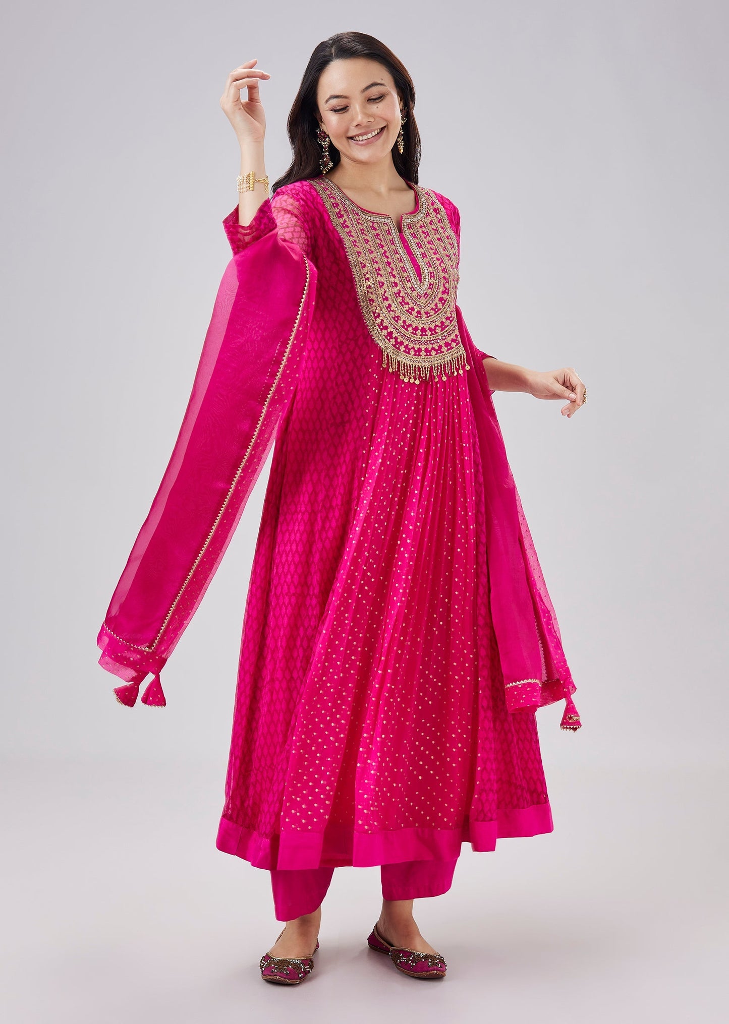 Pink Hand Block Printed Chiffon Anarkali Set And Dupatta
