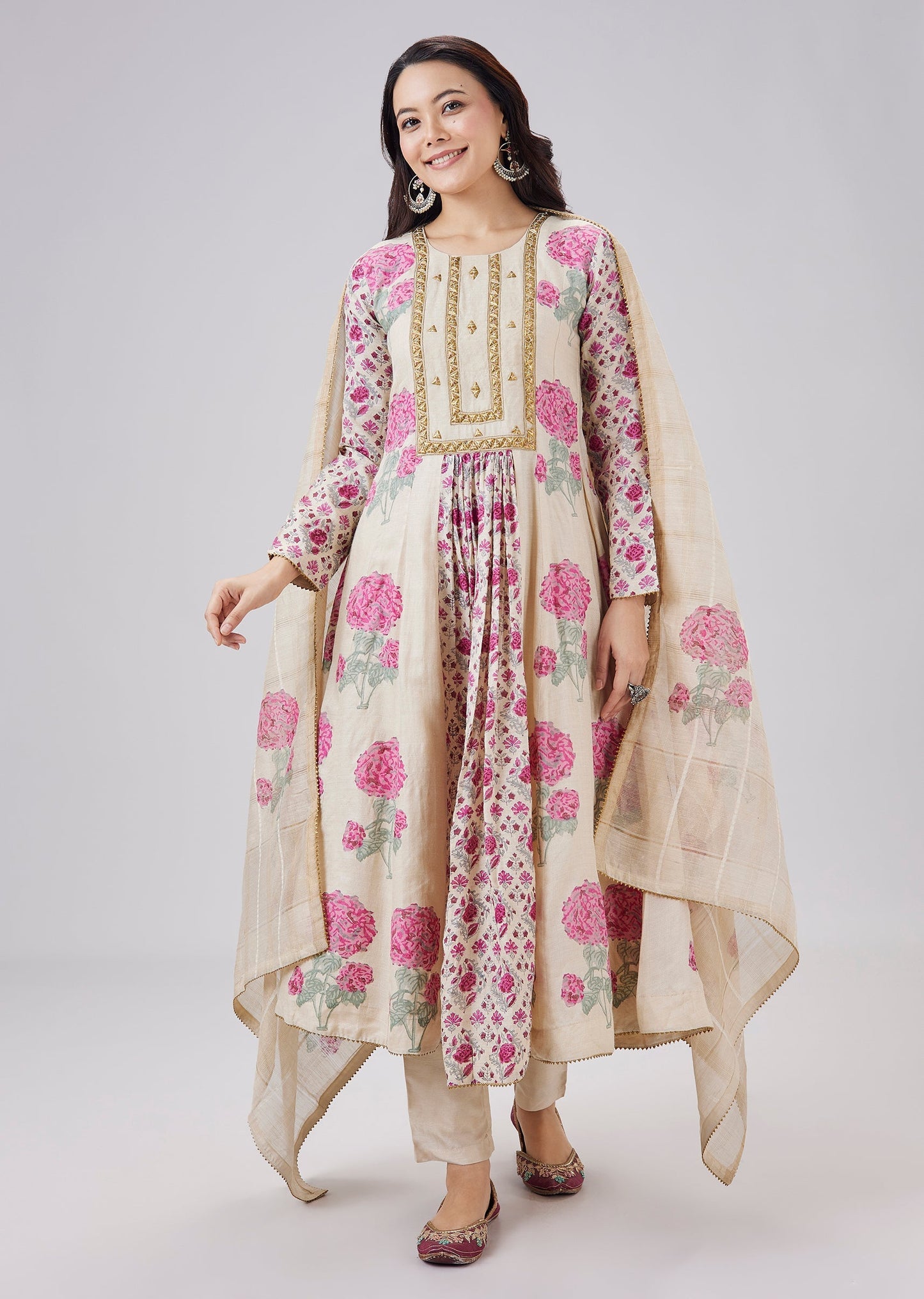 Pink Hand Block Printed Anarkali Suit Set With Sequin Embroidery