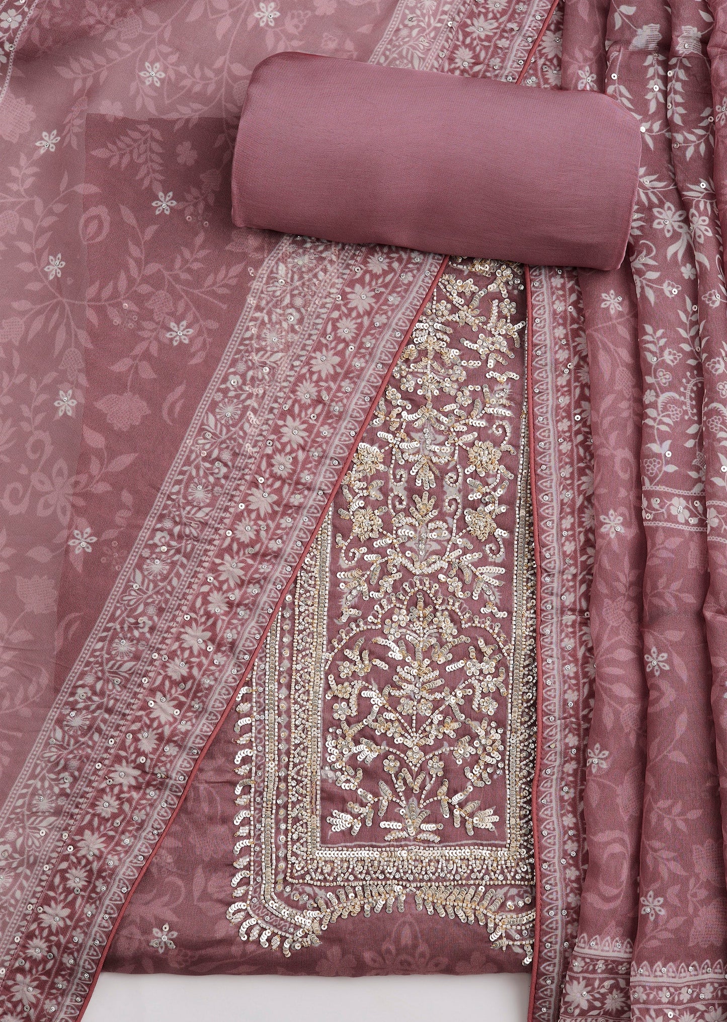 Pink Organza Printed Unstitched Suit Set With Dupatta