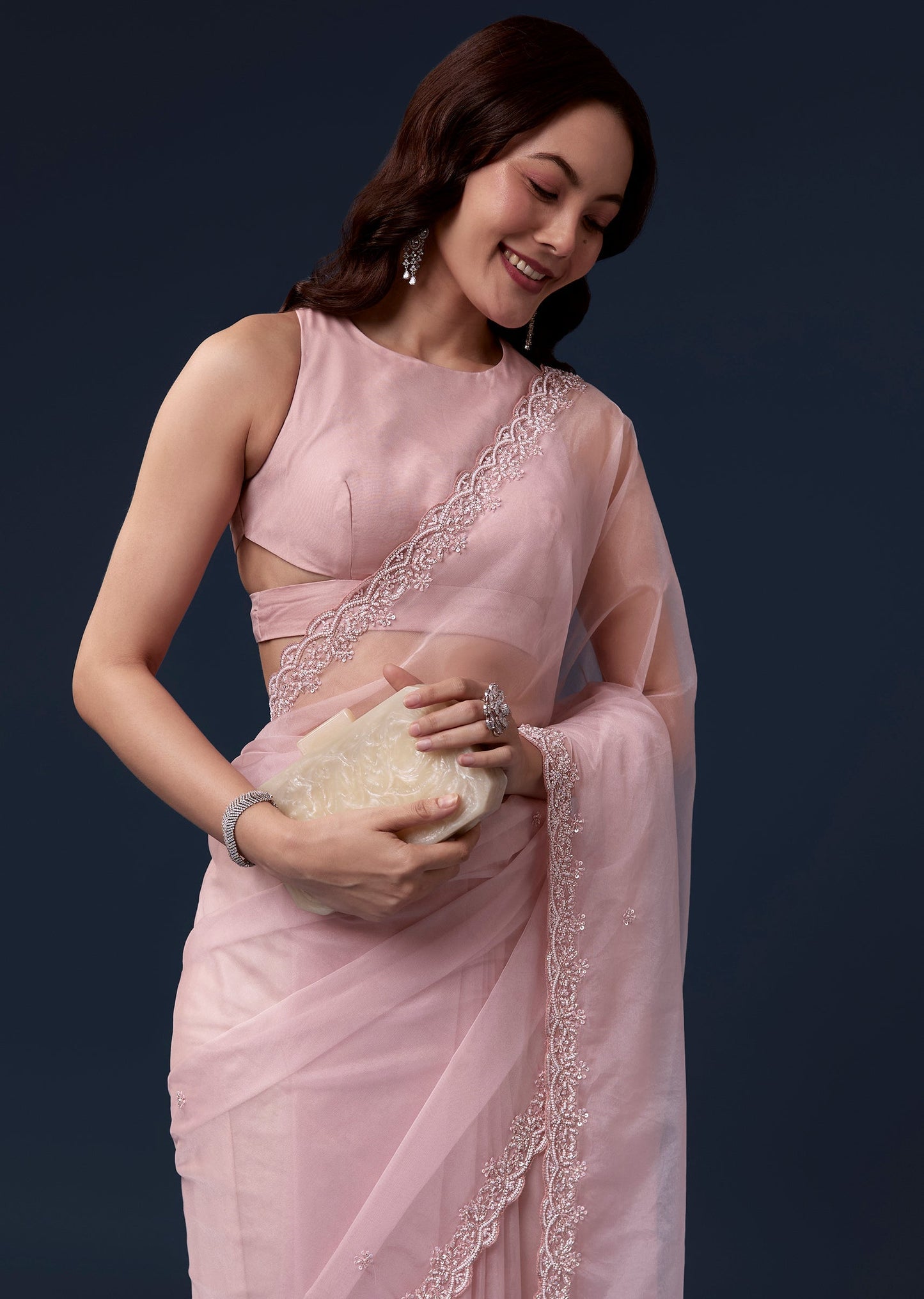 Pink Organza Saree With Cutdana Beads And Sequin Embroidery