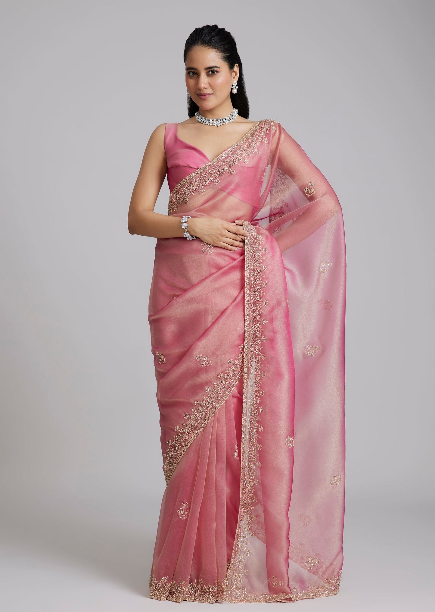Pink Organza Saree With Floral Border