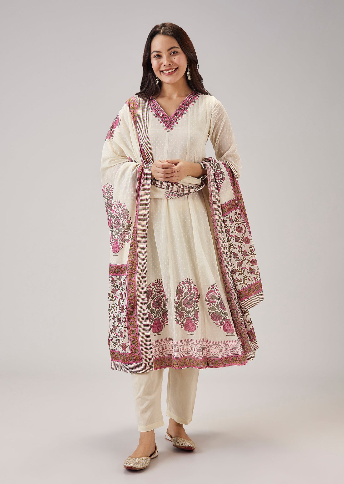 Pink Hand Block Printed Anarkali With Cut Dana Work