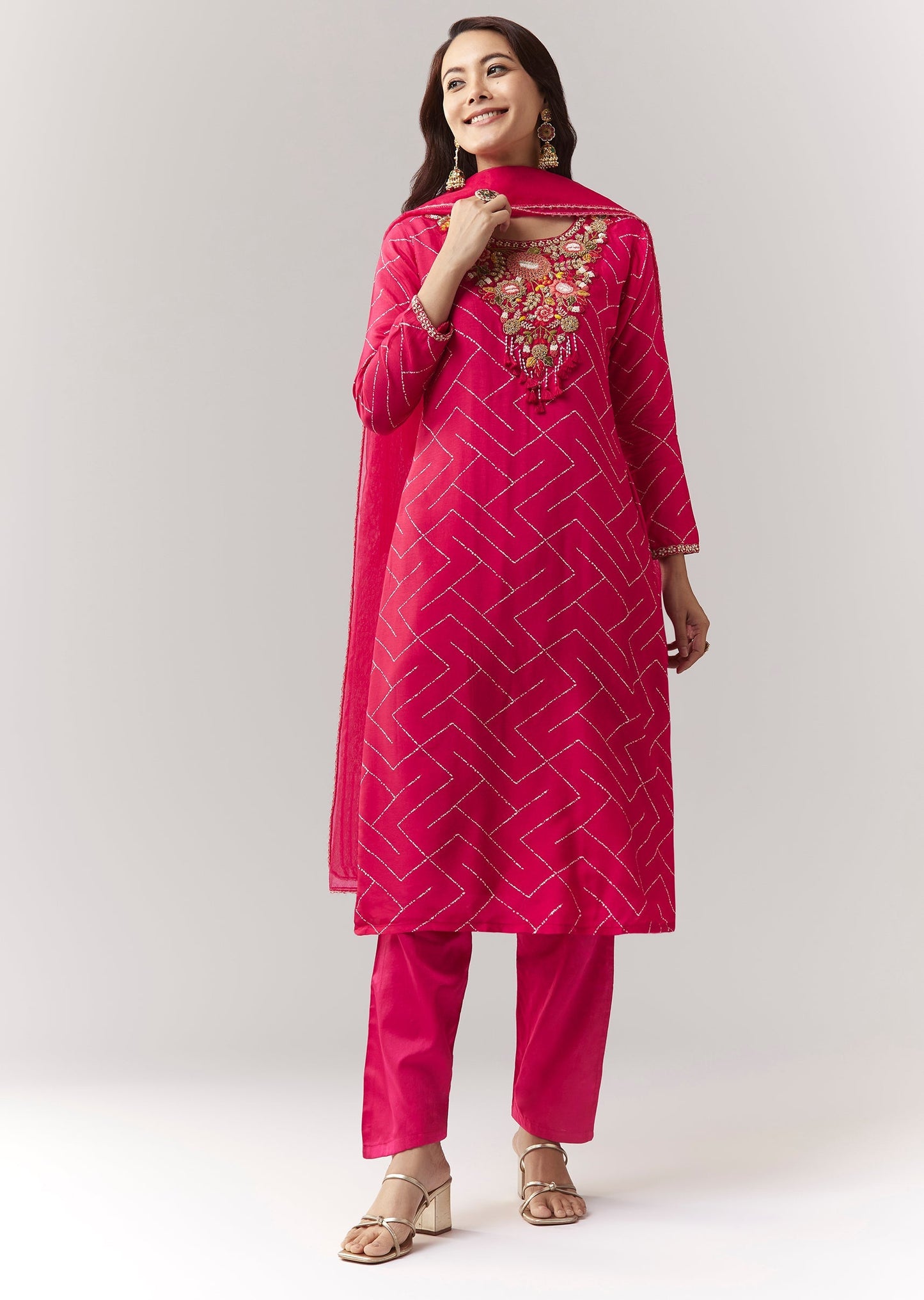 Pink Printed Kurta Pant Set With Embroidered Yoke And Dupatta