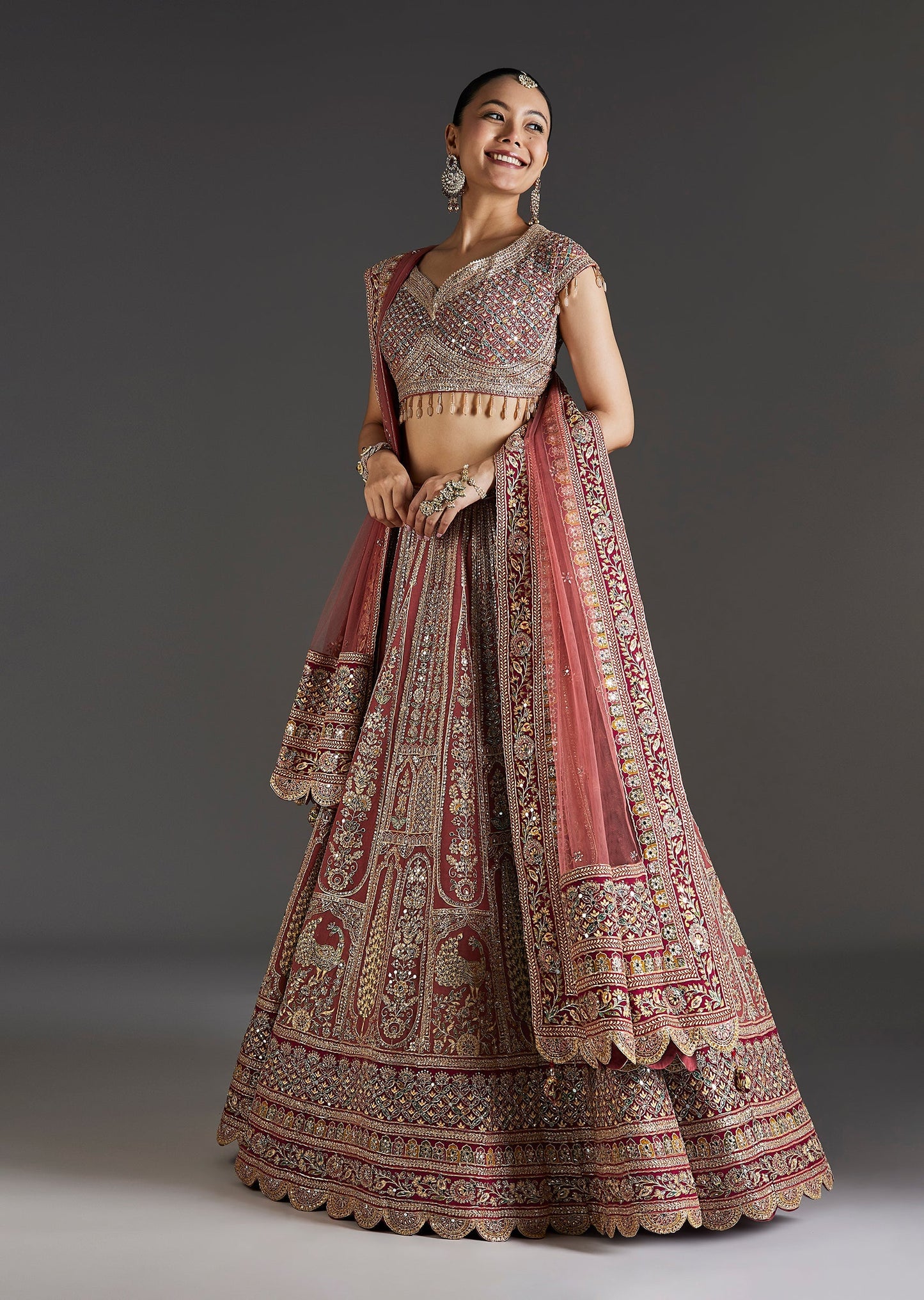 Pink Printed Lehenga With Mirror And Stone Accents