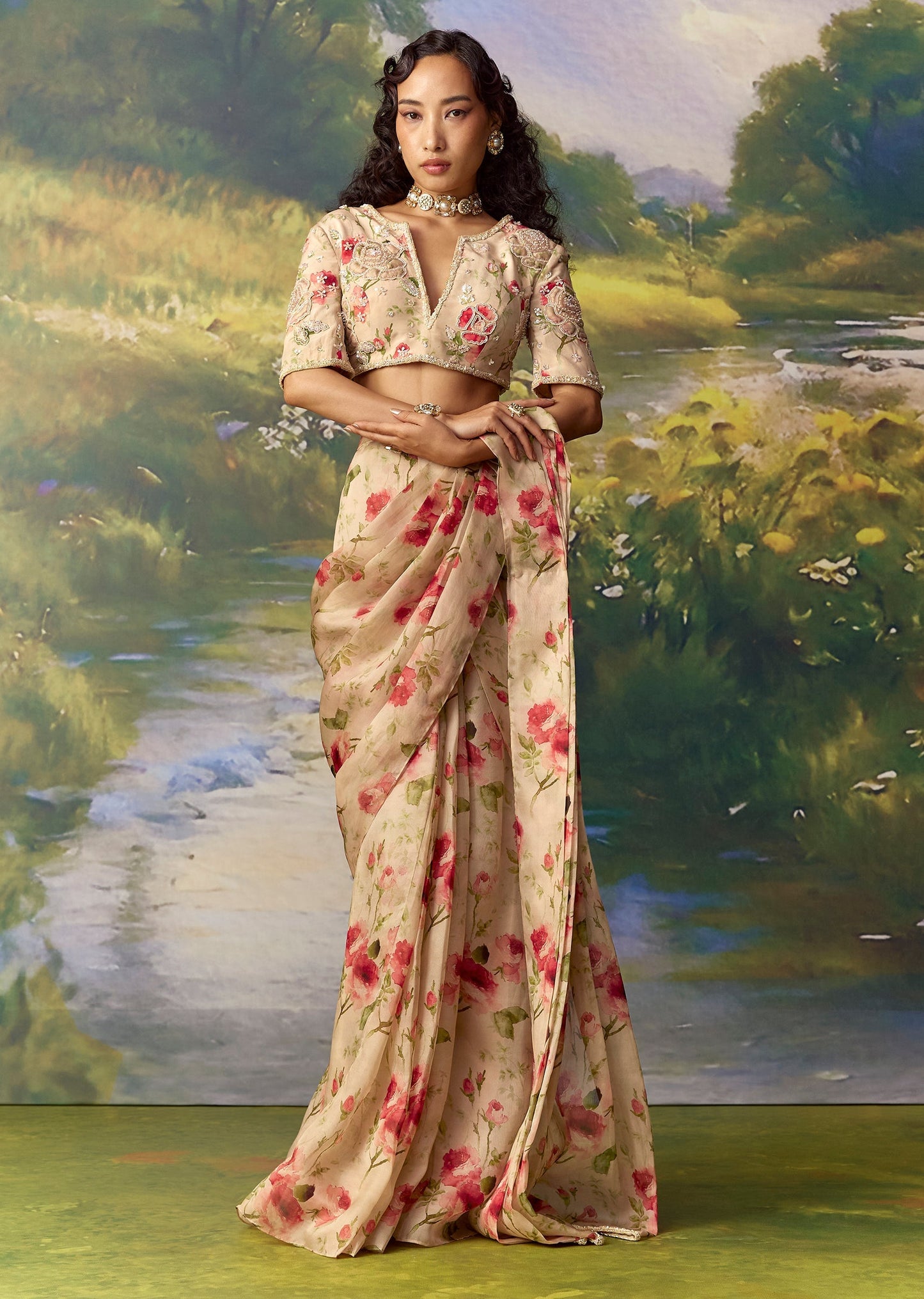 Pink Ready Pleated Saree And Embroidered Blouses
