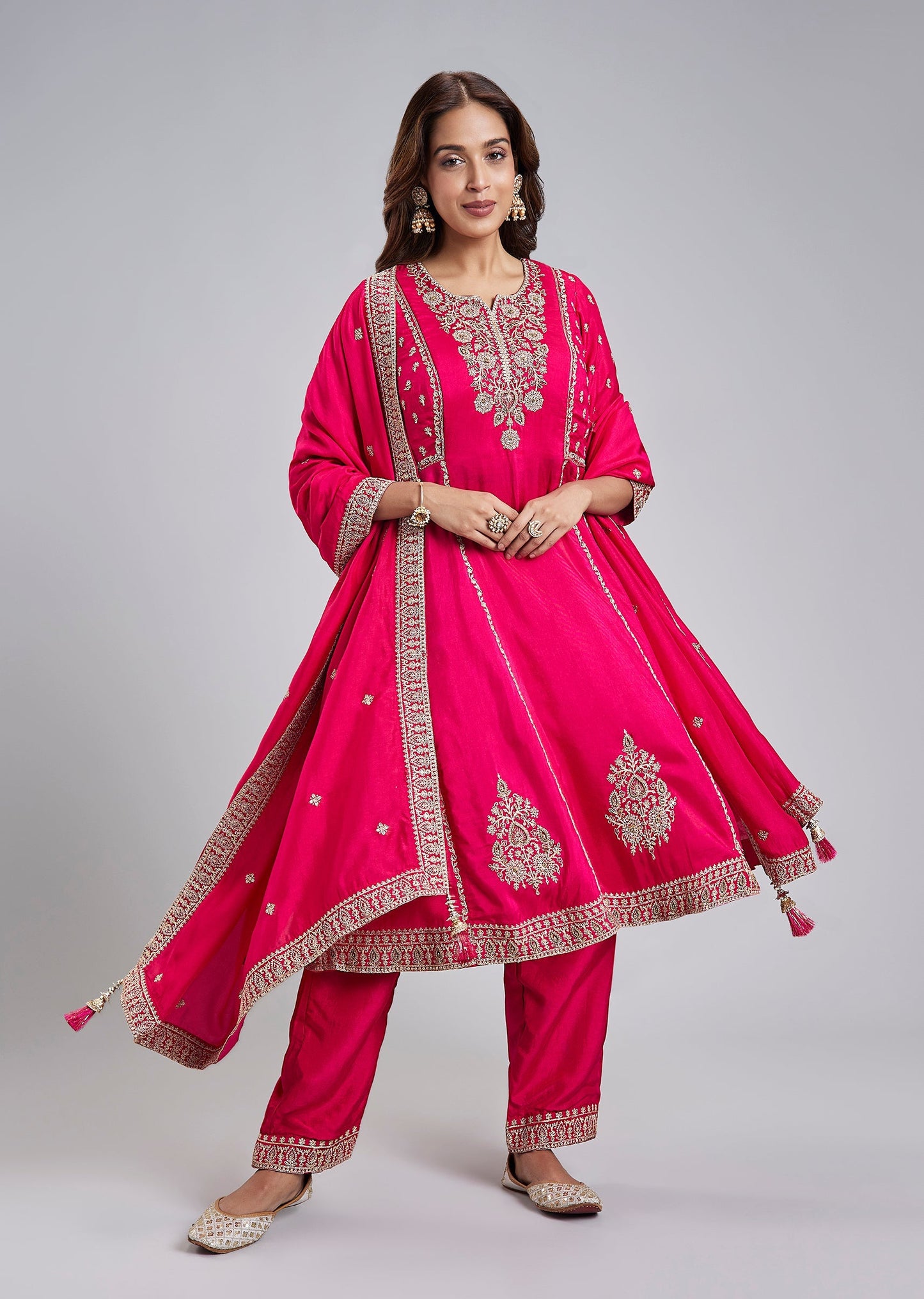 Pink Russian Silk Short Anarkali Set With Zari Bead Embroidery And Dupatta