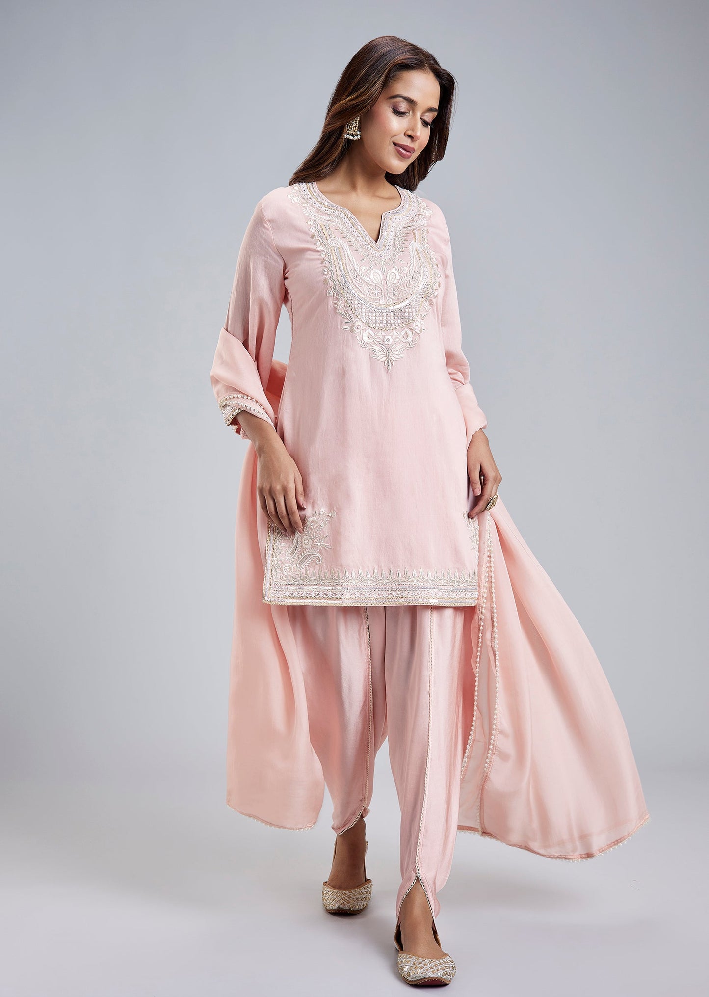 Pink Silk Blend Dhoti Set With Floral Resham Work And Dupatta