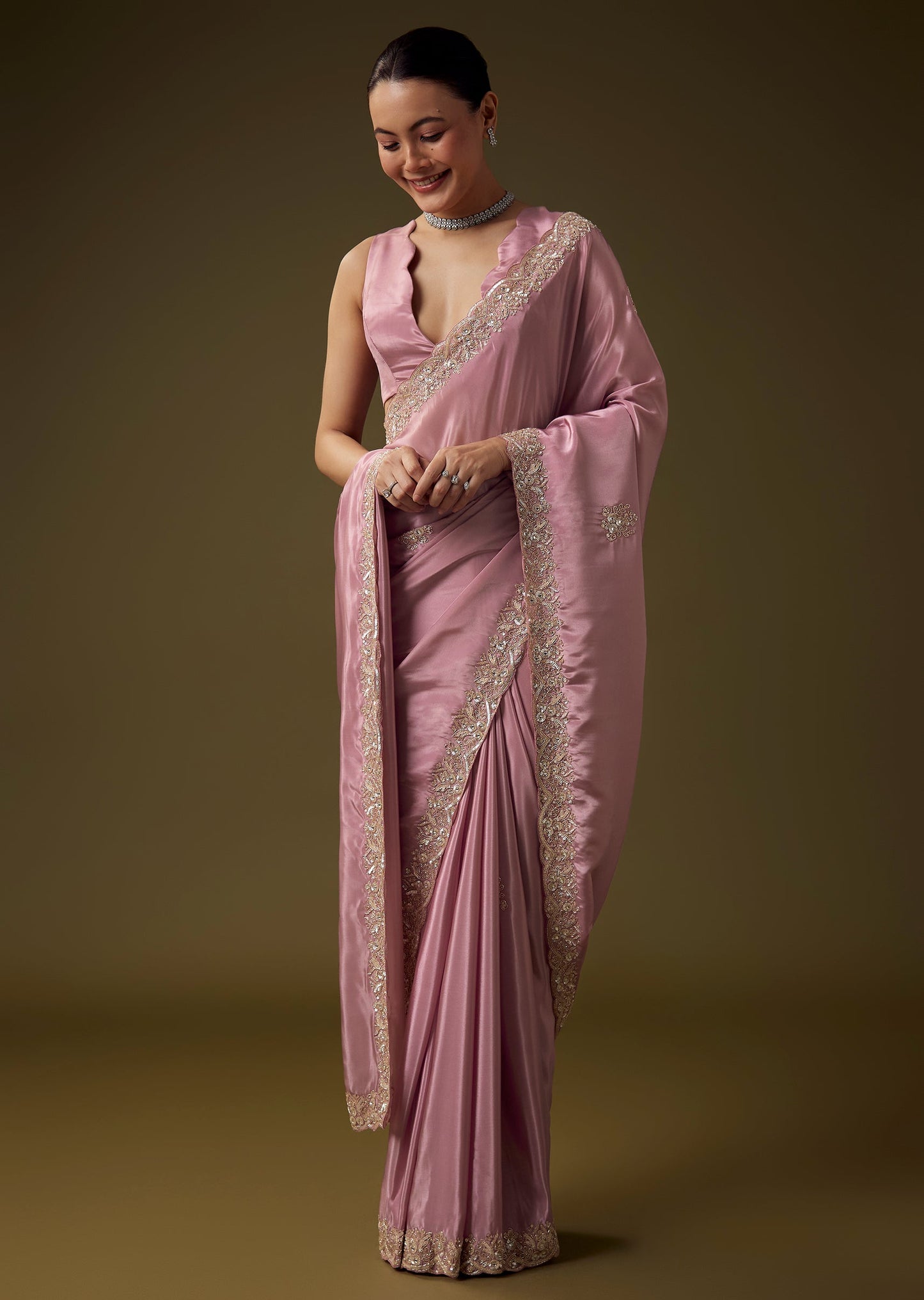 Pink Silk Butti Embroidered Saree with Unstitched Blouse