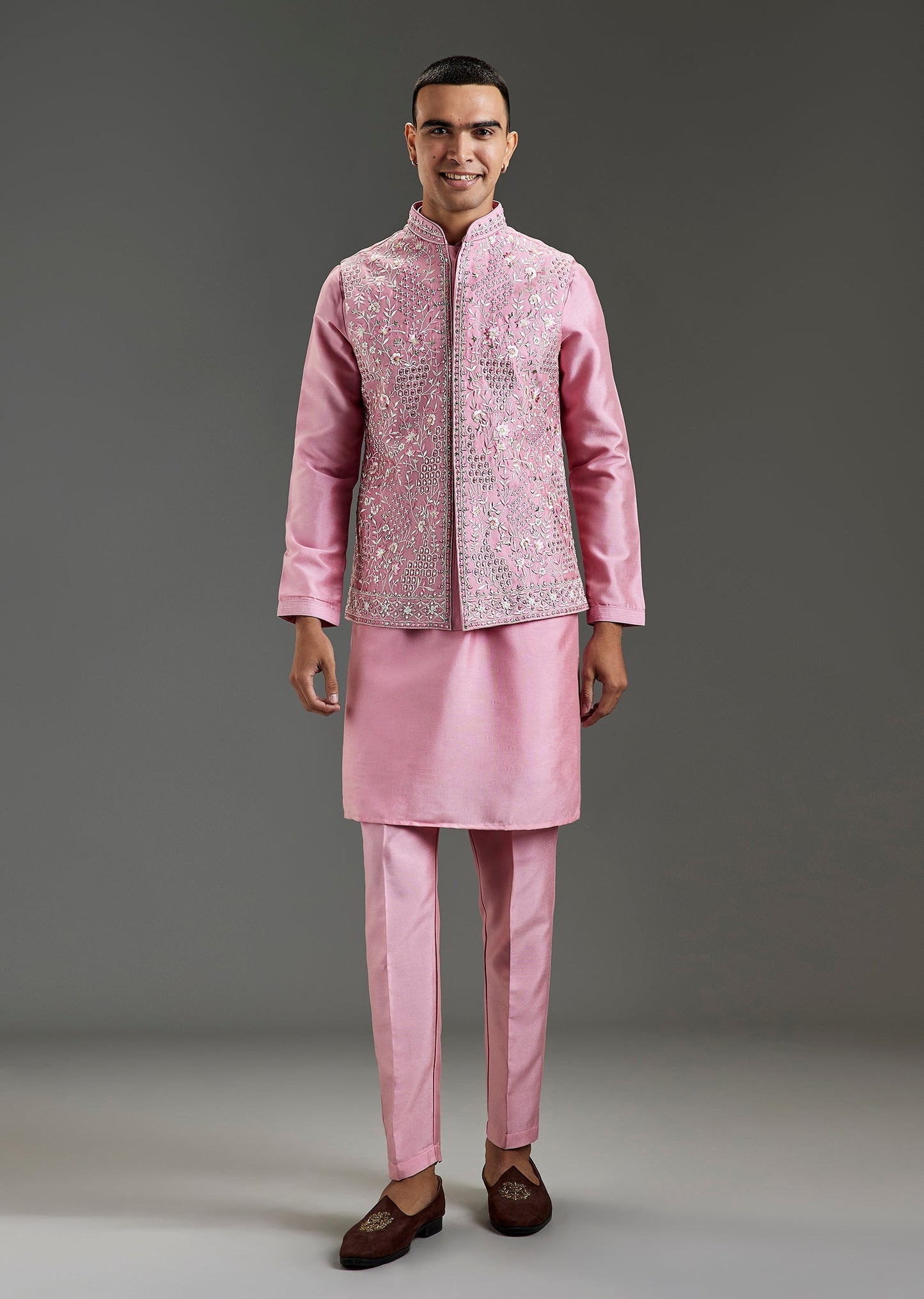 Pink Silk Kurta Jacket Set With Floral Resham Mirror Pearl Work