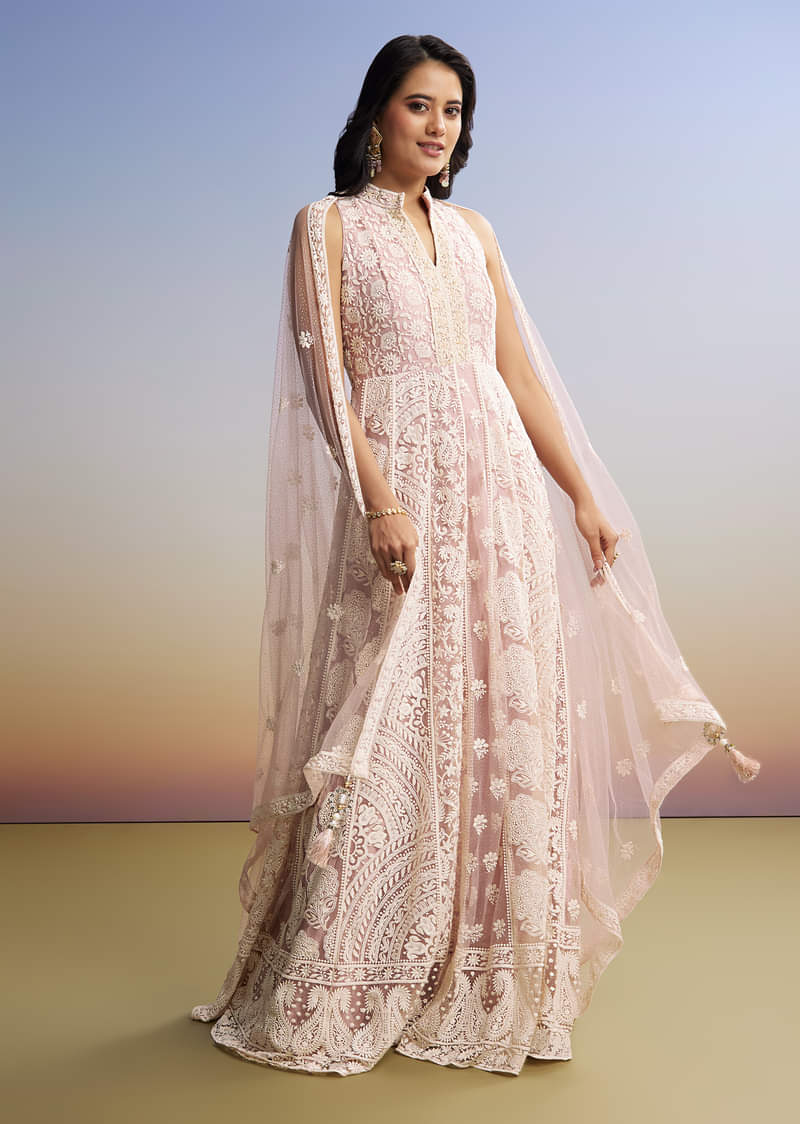 Pink Threadwork Anarkali With Dupatta