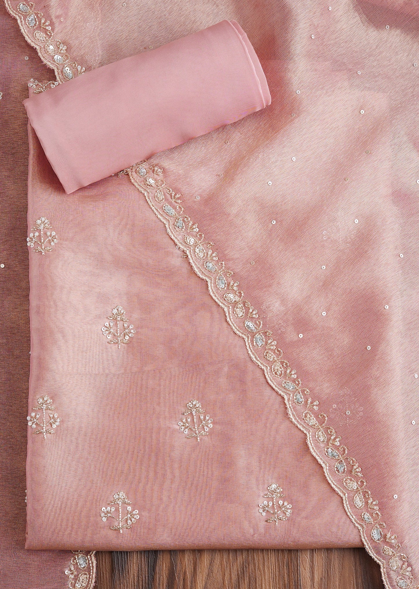 Pink Tissue Embroidered Dress Material Suit