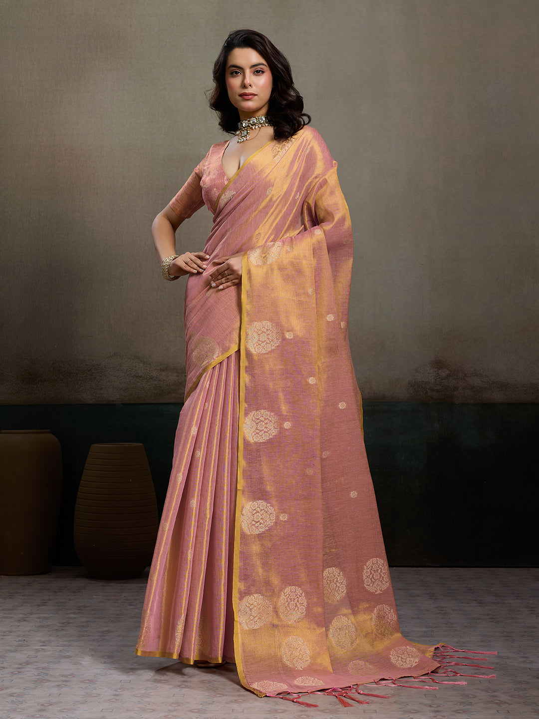 Anaita Pink Tissue Silk Woven Saree With Blouse
