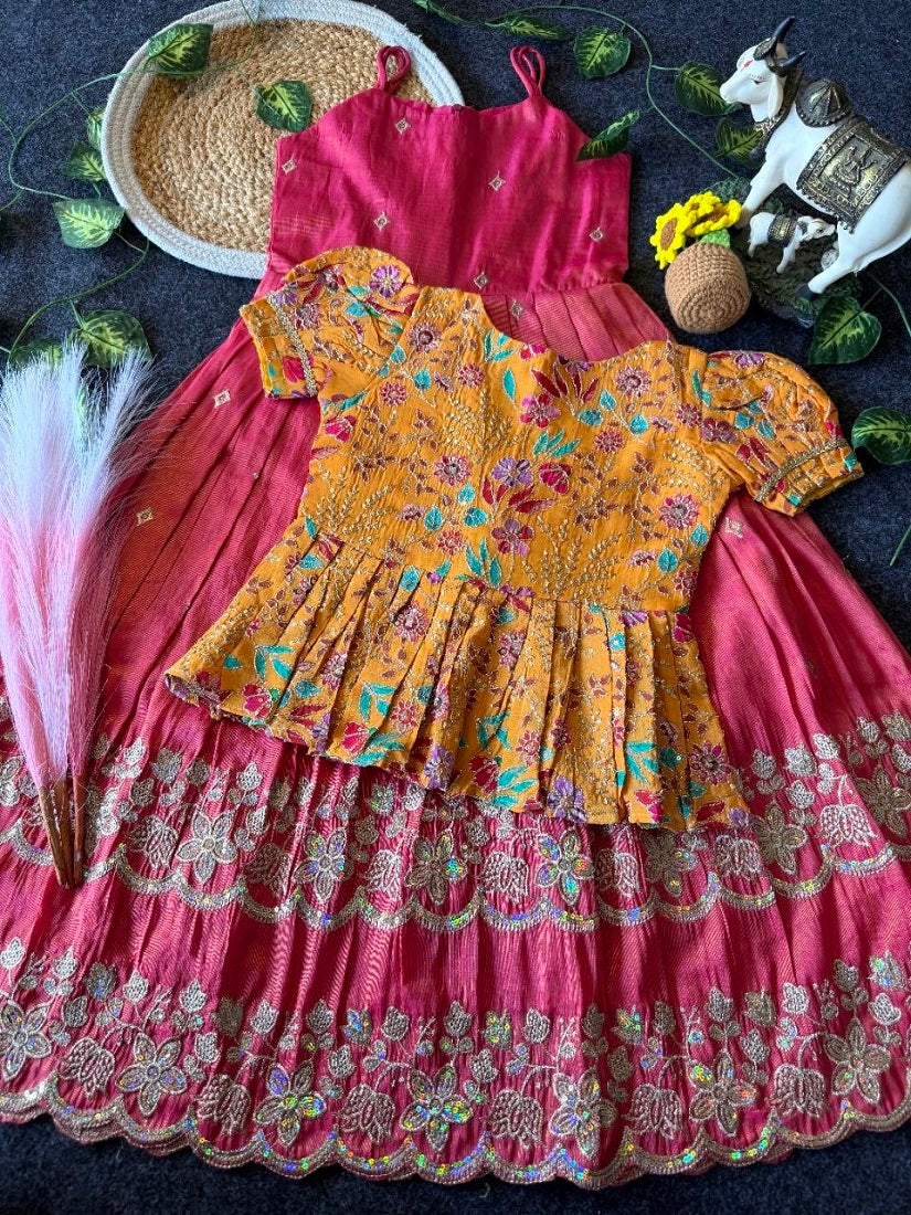 Evanik Designer Pink Tissue Silk Embroidered Work Gown With koti for Kids