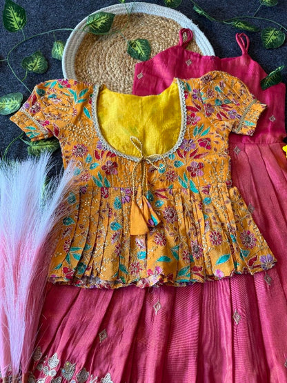 Evanik Designer Pink Tissue Silk Embroidered Work Gown With koti for Kids