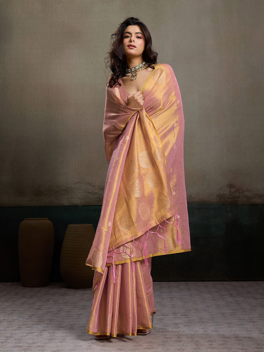 Anaita Pink Tissue Silk Woven Saree With Blouse