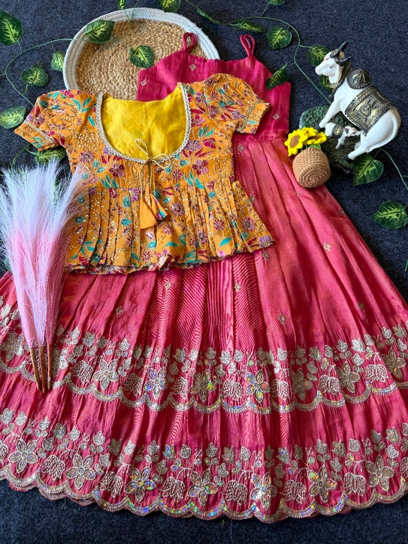Evanik Designer Pink Tissue Silk Embroidered Work Gown With koti for Kids
