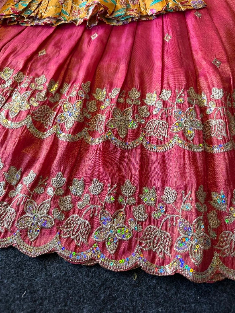 Evanik Designer Pink Tissue Silk Embroidered Work Gown With koti for Kids