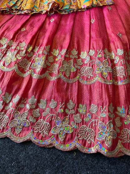 Evanik Designer Pink Tissue Silk Embroidered Work Gown With koti for Kids