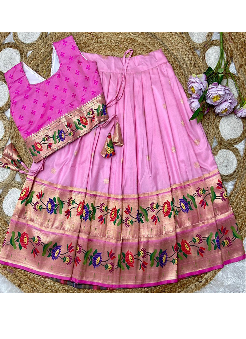 Evanik Pink Kids Paithani Silk Lotus Pattern Lehenga Choli