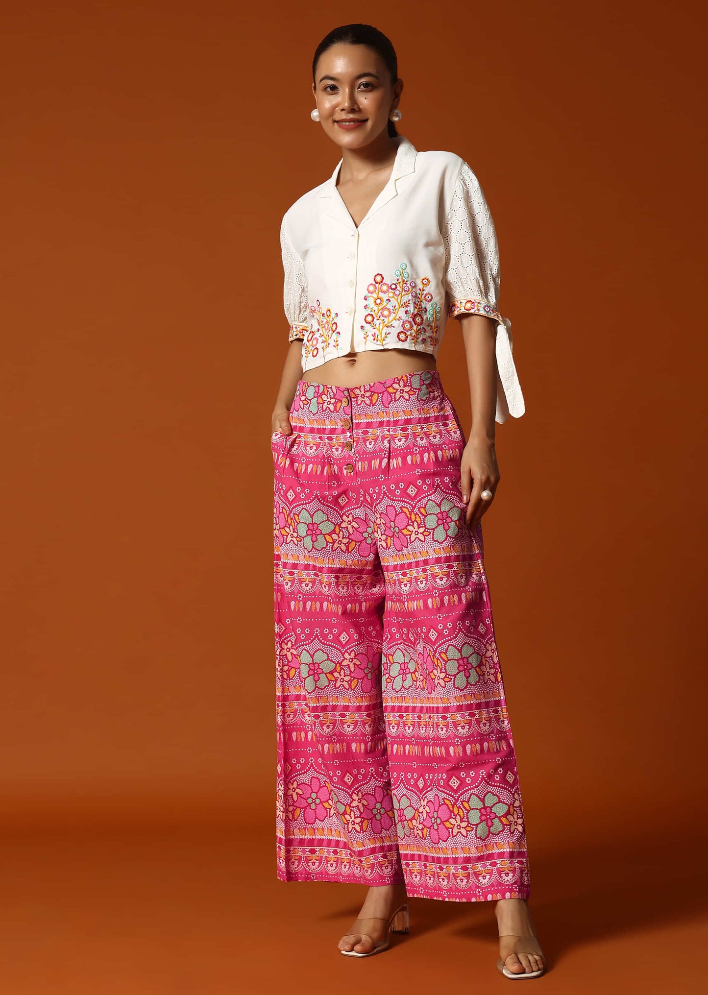 Pink And White Printed Crop Top And Palazzo
