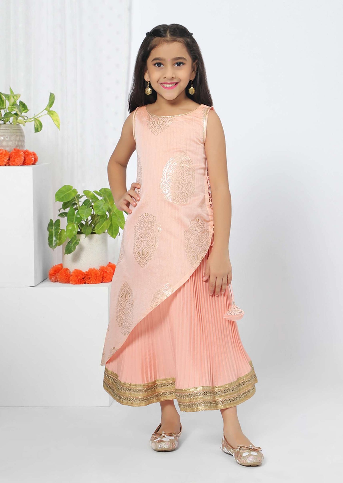 Kalki Girls Pink Layered Kurta And Lehenga Set With Foil Print And Asymmetric Hem By Mini Chic