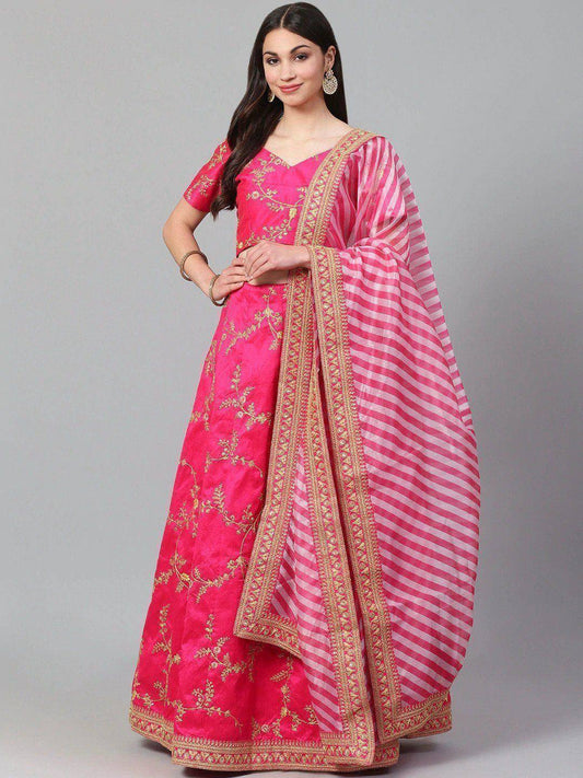 Tulsi Art Pink & Golden Semi-Stitched Myntra Lehenga & Unstitched Blouse With Dupatta