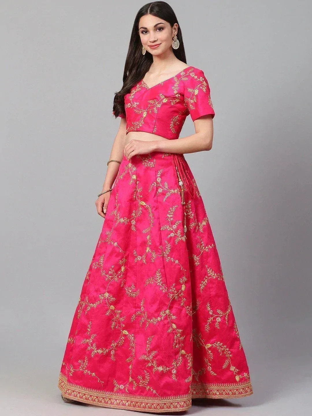 Tulsi Art Pink & Golden Semi-Stitched Myntra Lehenga & Unstitched Blouse With Dupatta