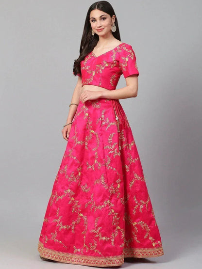 Tulsi Art Pink & Golden Semi-Stitched Myntra Lehenga & Unstitched Blouse With Dupatta