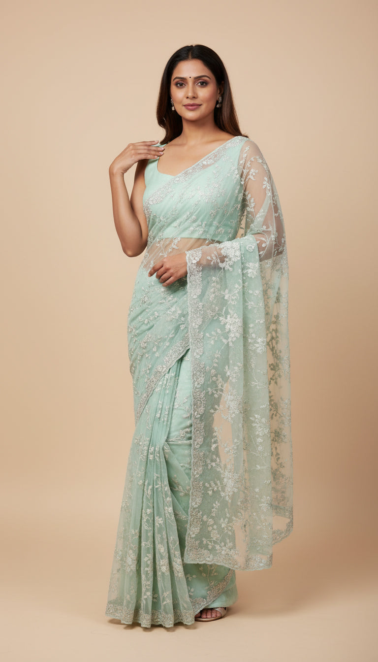 Pista Crisp Embroidered Saree