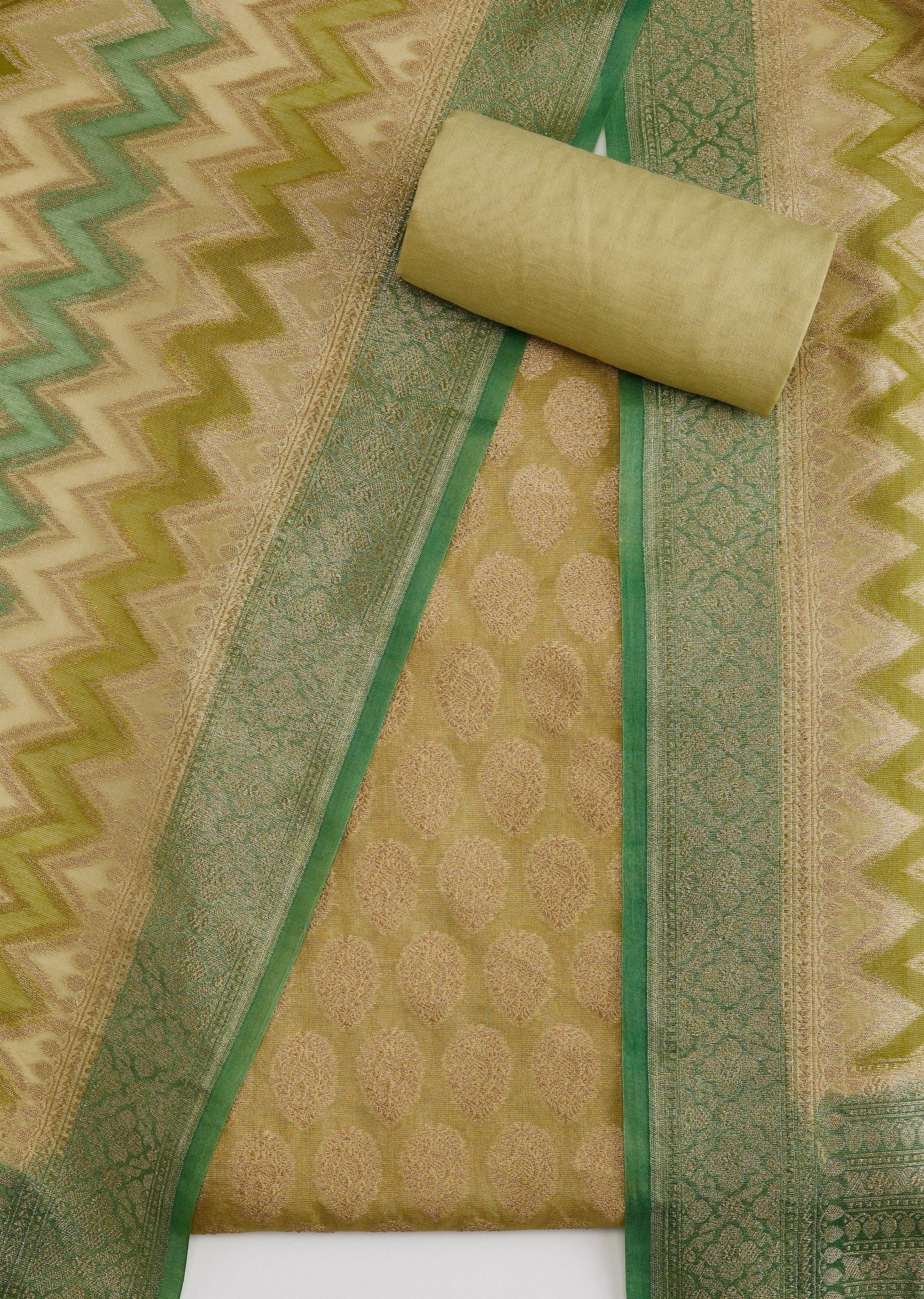 Pista Green Banarasi Silk Unstitched Suit Set With Dupatta