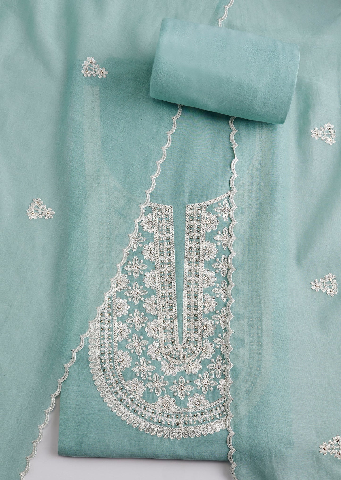 Pista Green Cotton Embroidered Unstitched Suit Set With Dupatta