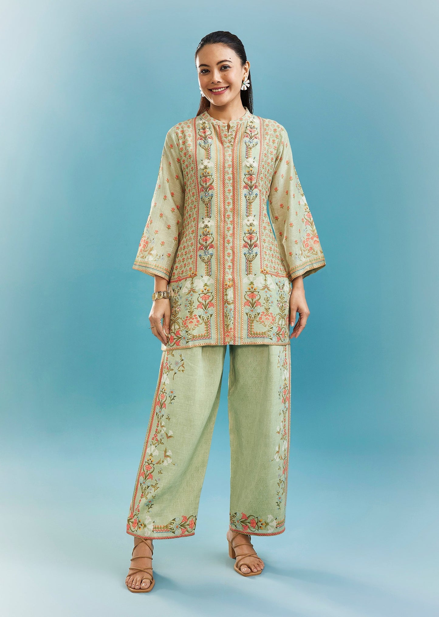 Pista Green Floral Co-ord Set With Cut Dana And Sequins Work