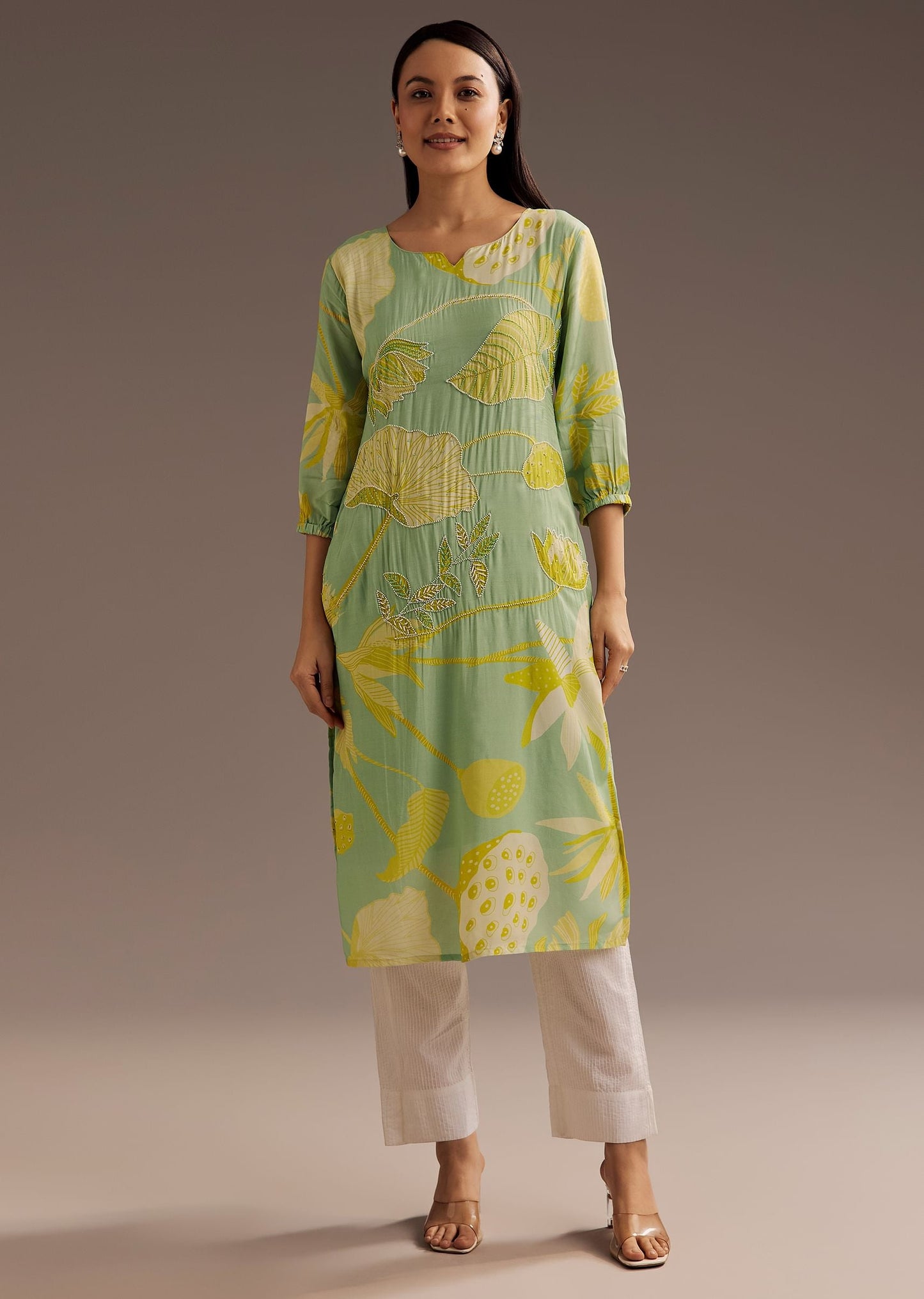 Pista Green Floral Print Crepe Work Kurta