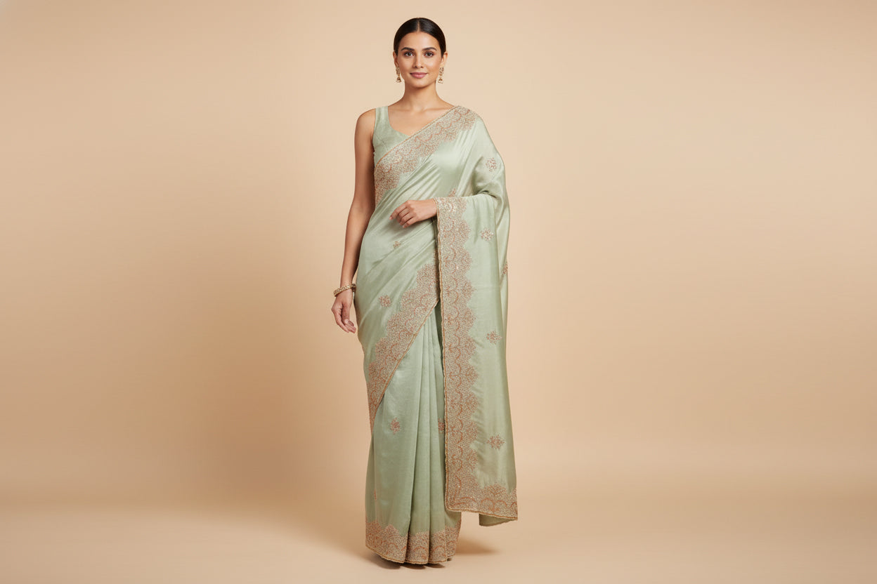 Pista Green Crisp Embroidered Saree