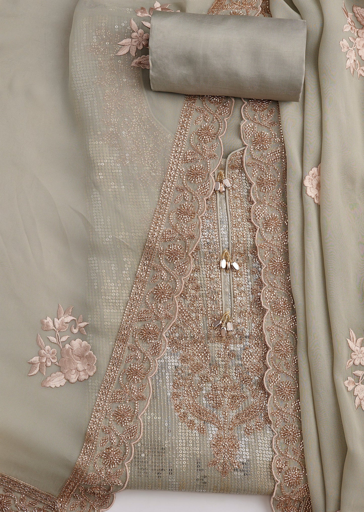 Pista Green Georgette Sequins Embroidered Unstitched Suit Set With Dupatta