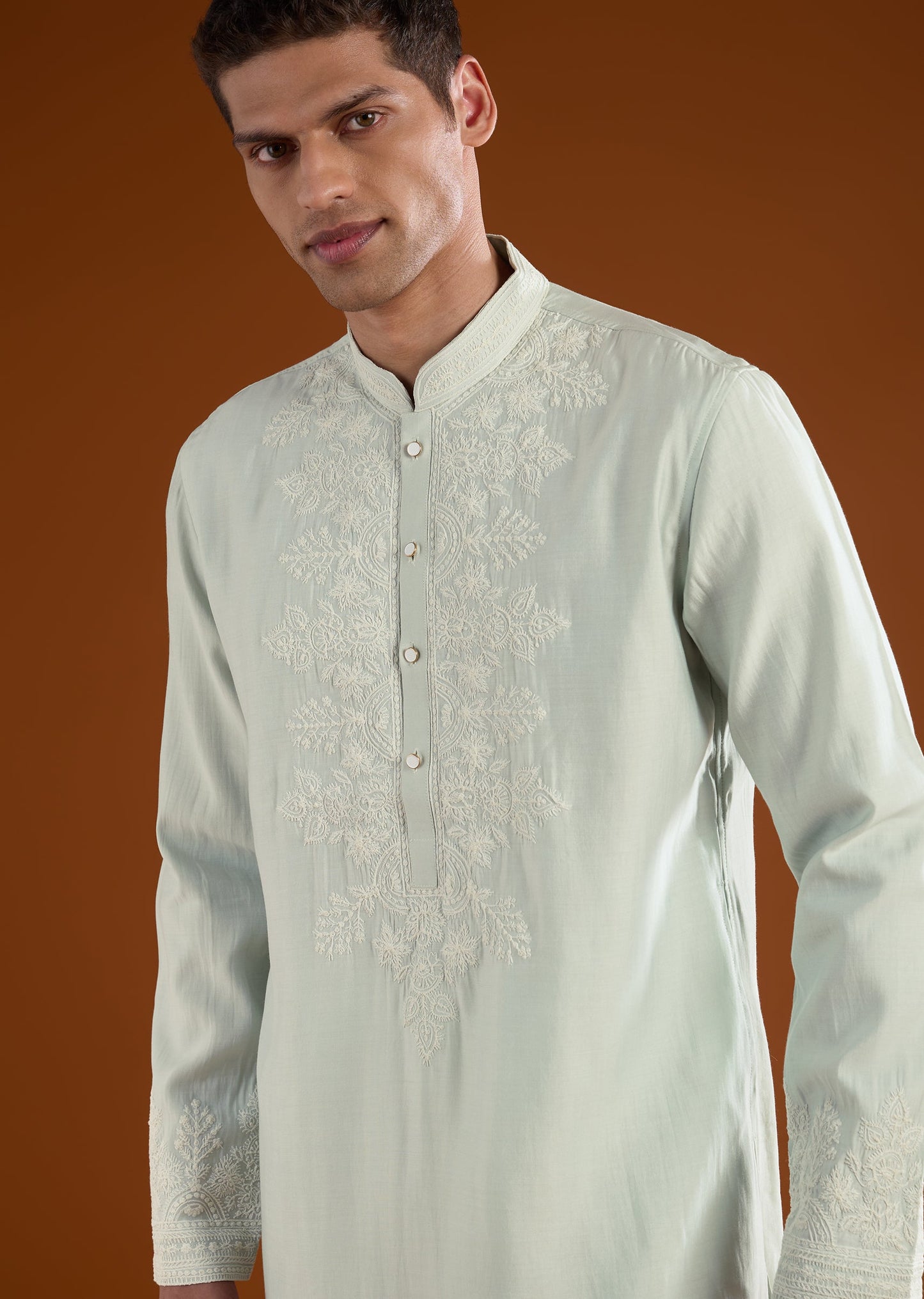 Pista Green Mens Kurta Set With Thread Work