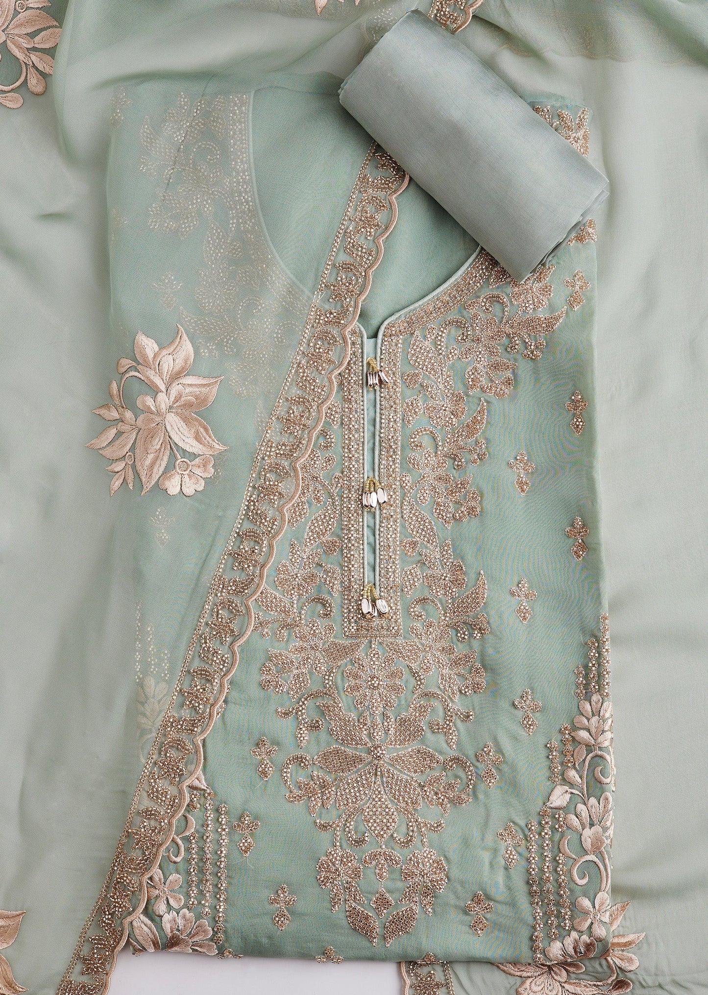 Pista Green Organza Embroidered Unstitched Suit Set With Dupatta